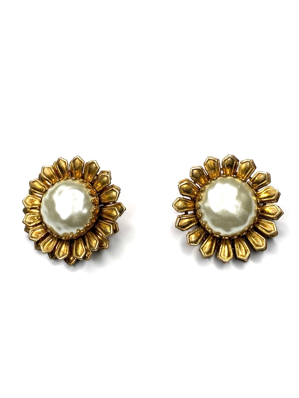 Vintage Miriam Haskell Faux Baroque Pearl Sunflower Clip-On Earrings Gold Gilt